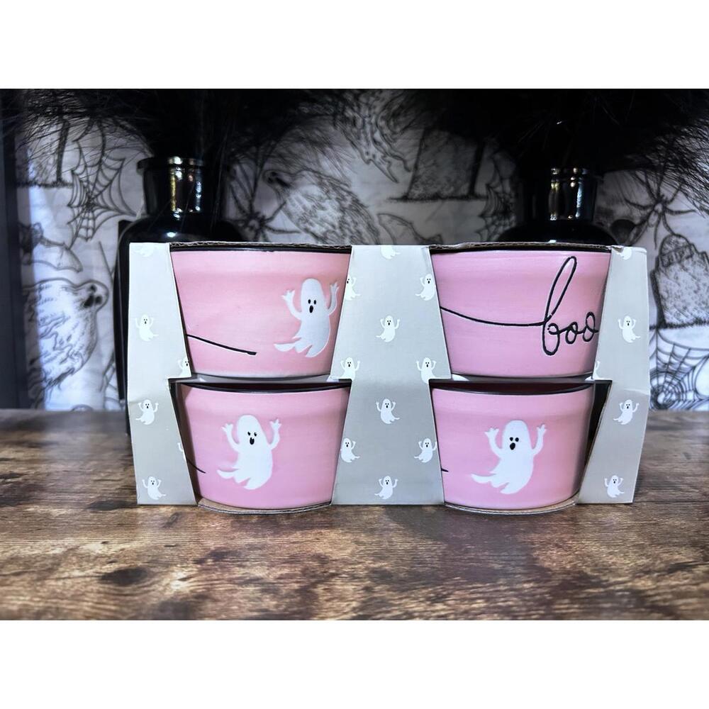 Set of 4 Hand-Decorated Pink Halloween Ghost Ramekins
